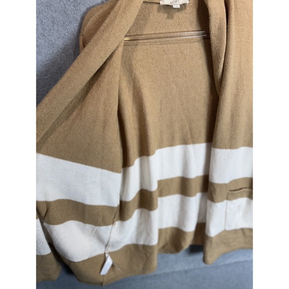 LOFT Cardigan Sweater‎ Womens Medium Tan White Stripe Open Front Pockets Casual - Picture 5 of 10